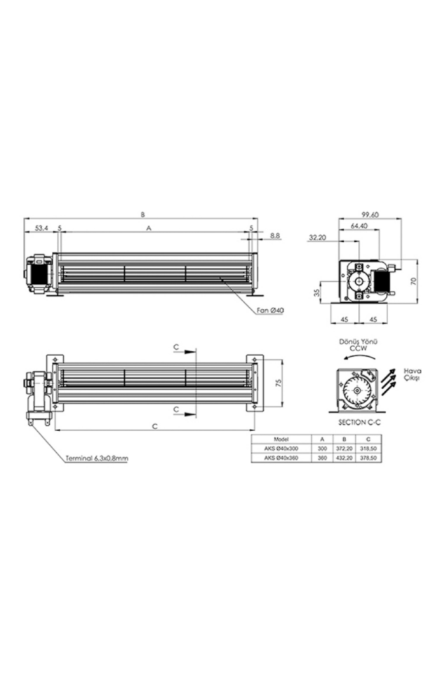 Aircol AKS 40-300 DC Monofaze 40mm Tanjansiyel Radyal Fan 5W 175m3/h