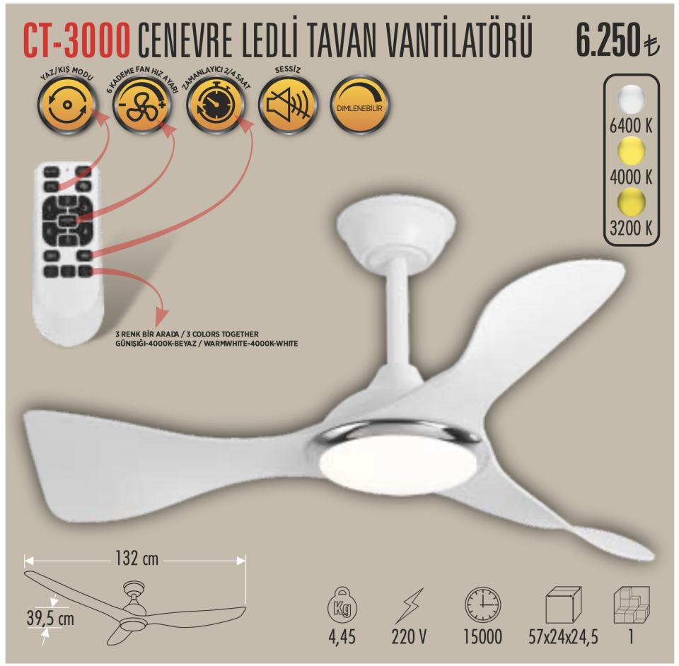 Cata Cenevre Dimlenebilir Işıklı 3 Kanatlı Uzaktan Kumandalı Tavan Tipi Vantilatörü CT-3000