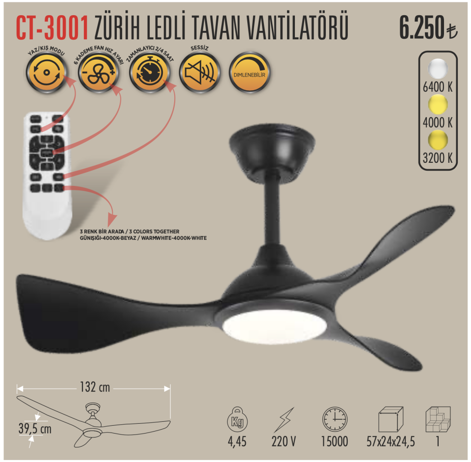 Cata Zürih Dimlenebilir Işıklı 3 Kanatlı Uzaktan Kumandalı Tavan Tipi Vantilatörü CT-3001