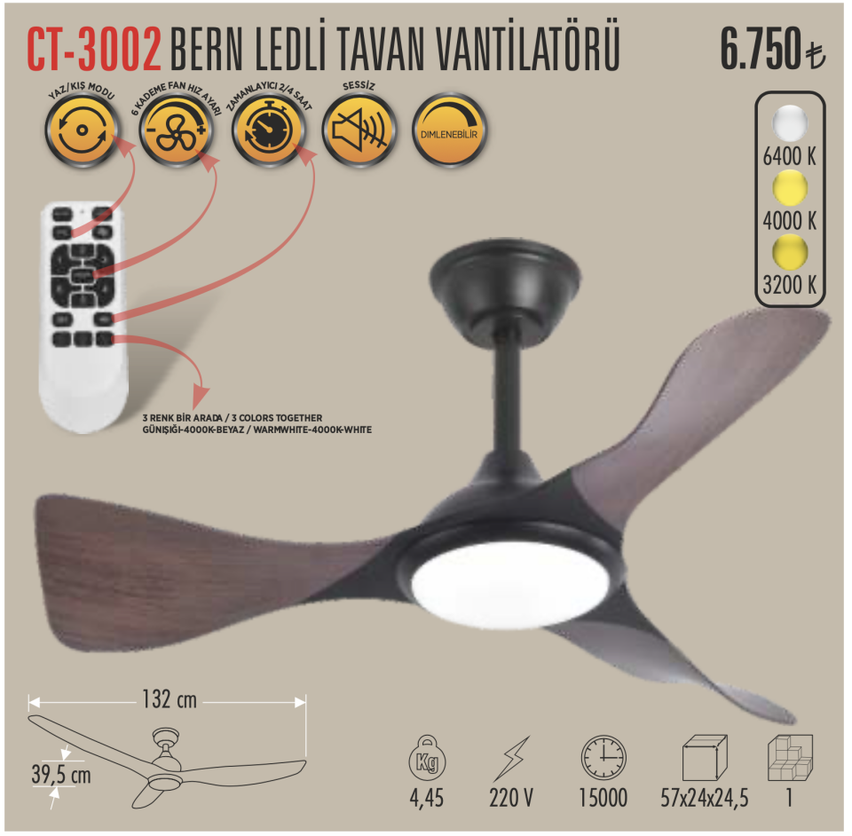 Cata Bern Dimlenebilir Işıklı 3 Kanatlı Uzaktan Kumandalı Tavan Tipi Vantilatörü CT-3002