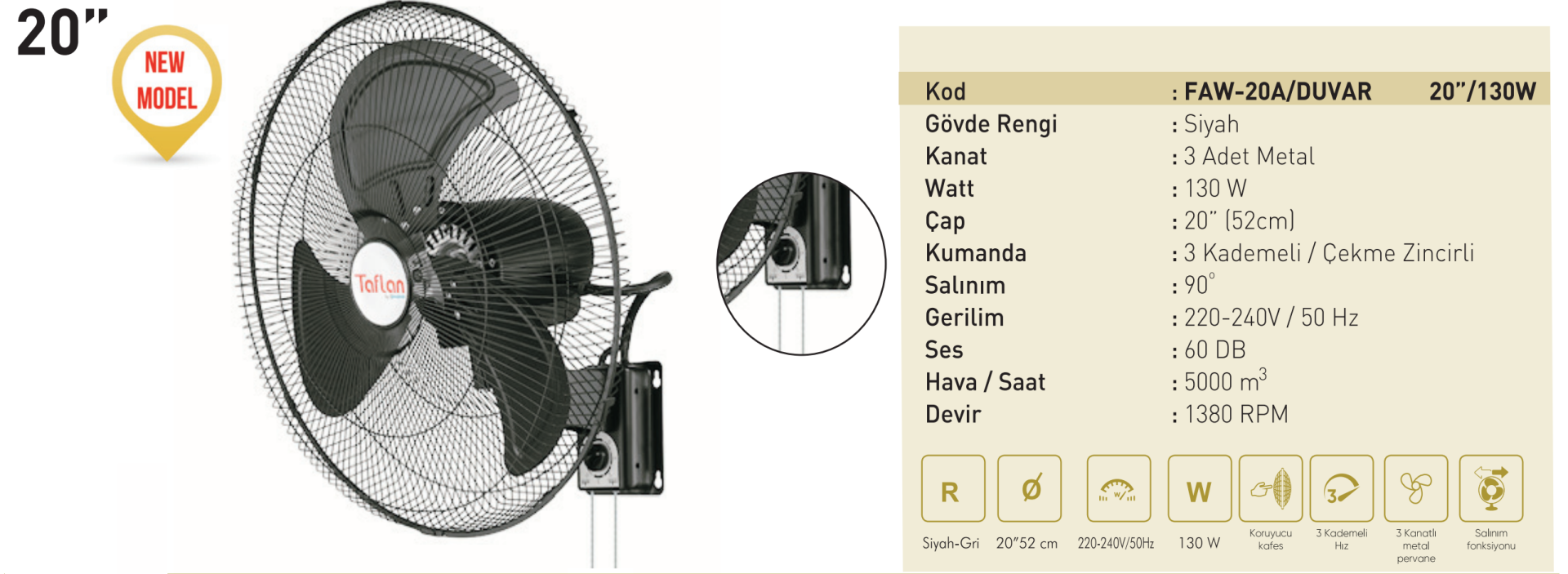 Kaşkar Taflan FAW-20A 130W 3 Kademeli Metal Gövde Sanayi Tipi Duvar Vantilatörü 52CM