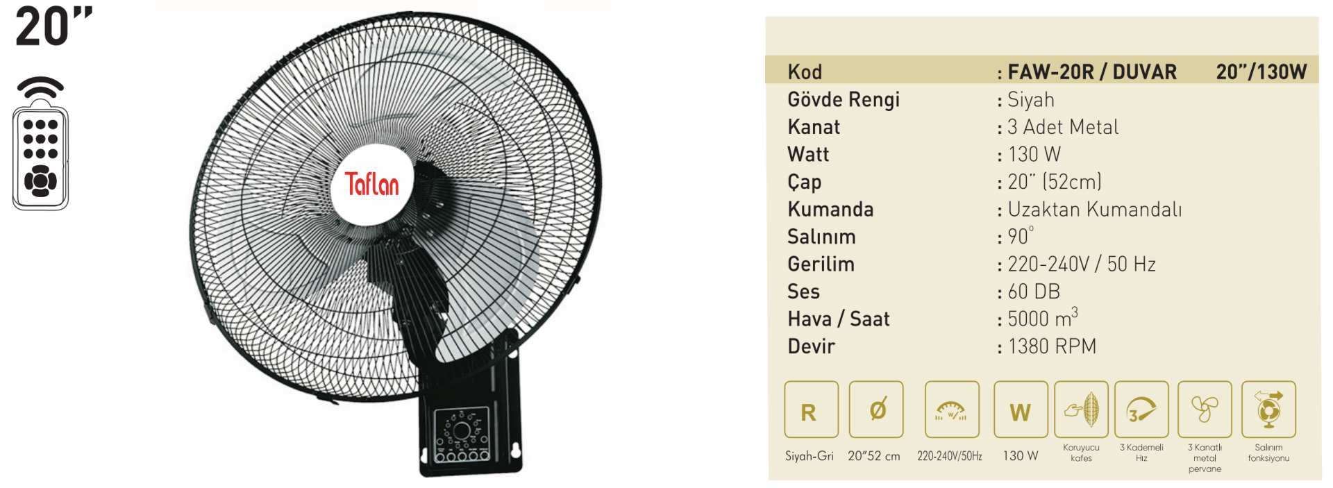 Kaşkar Taflan FAW-20R 130W Kumandalı 3 Kademeli Metal Gövde Sanayi Tipi Duvar Vantilatörü 52CM