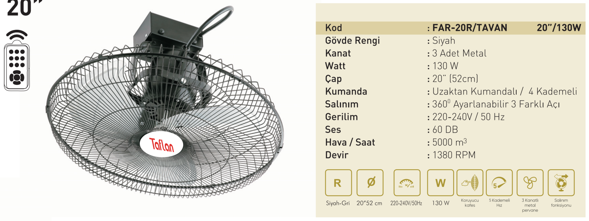 Kaşkar Taflan FAR-20R 130W Kumandalı 5 Kademeli Metal Gövde Sanayi Tipi Tavan Vantilatörü 52CM