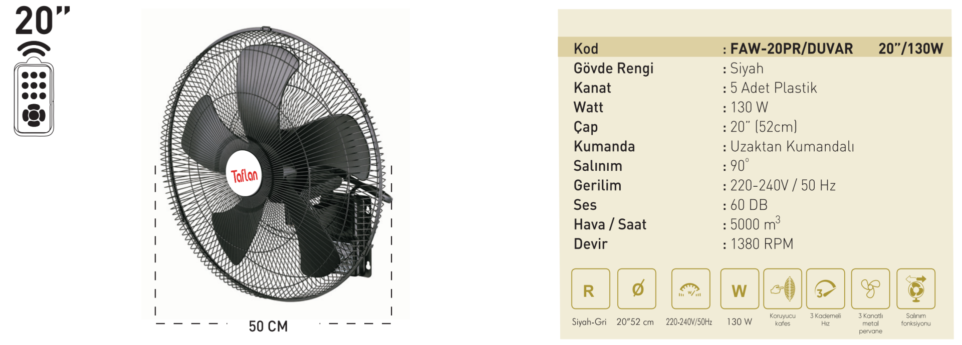 Kaşkar Taflan FAW-20PR 130W Kumandalı 3 Kademeli Metal Gövde Sanayi Tipi Duvar Vantilatörü 50CM