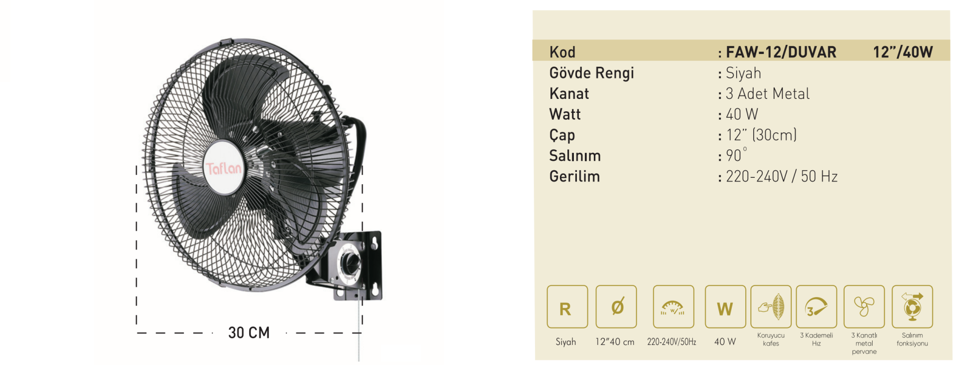 Kaşkar Taflan FAW-12 40W 3 Kademeli Metal Gövde Sanayi Tipi Duvar Vantilatörü 30CM