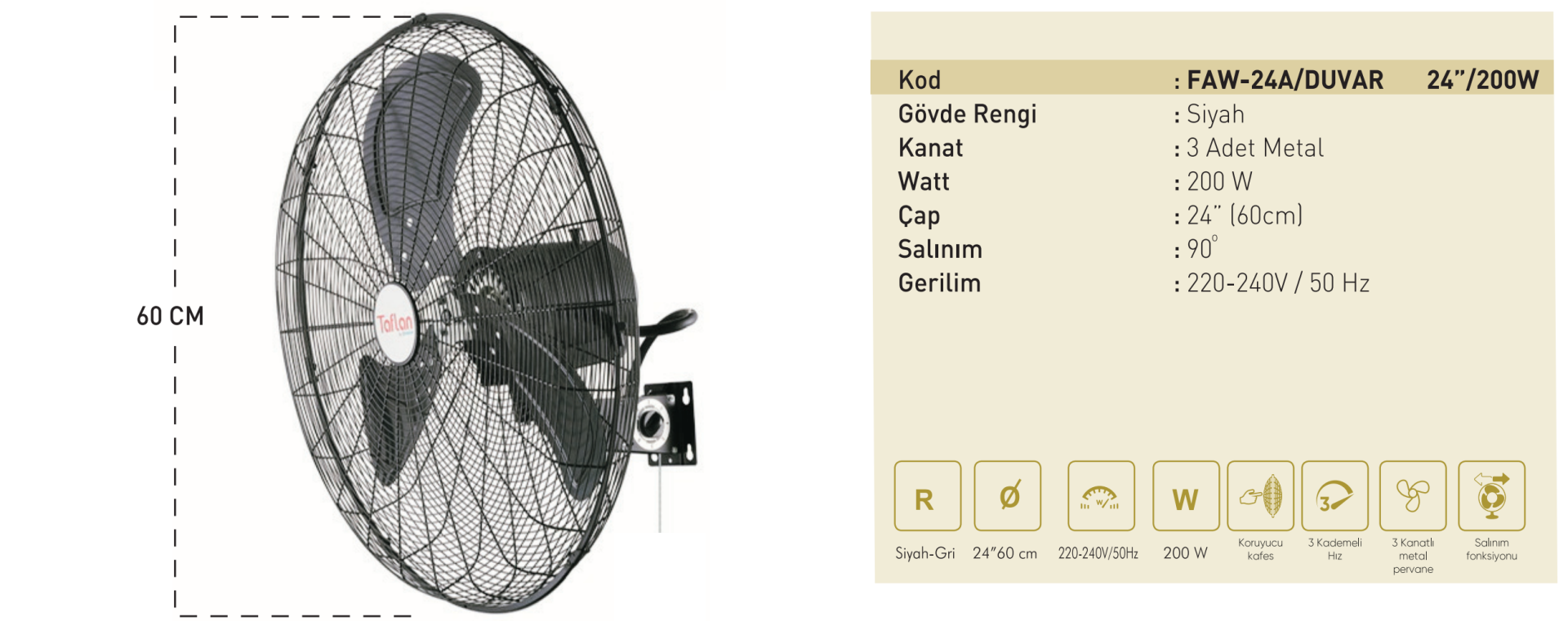 Kaşkar Taflan FAW-24 200W 3 Kademeli Metal Gövde Sanayi Tipi Duvar Vantilatörü 60CM