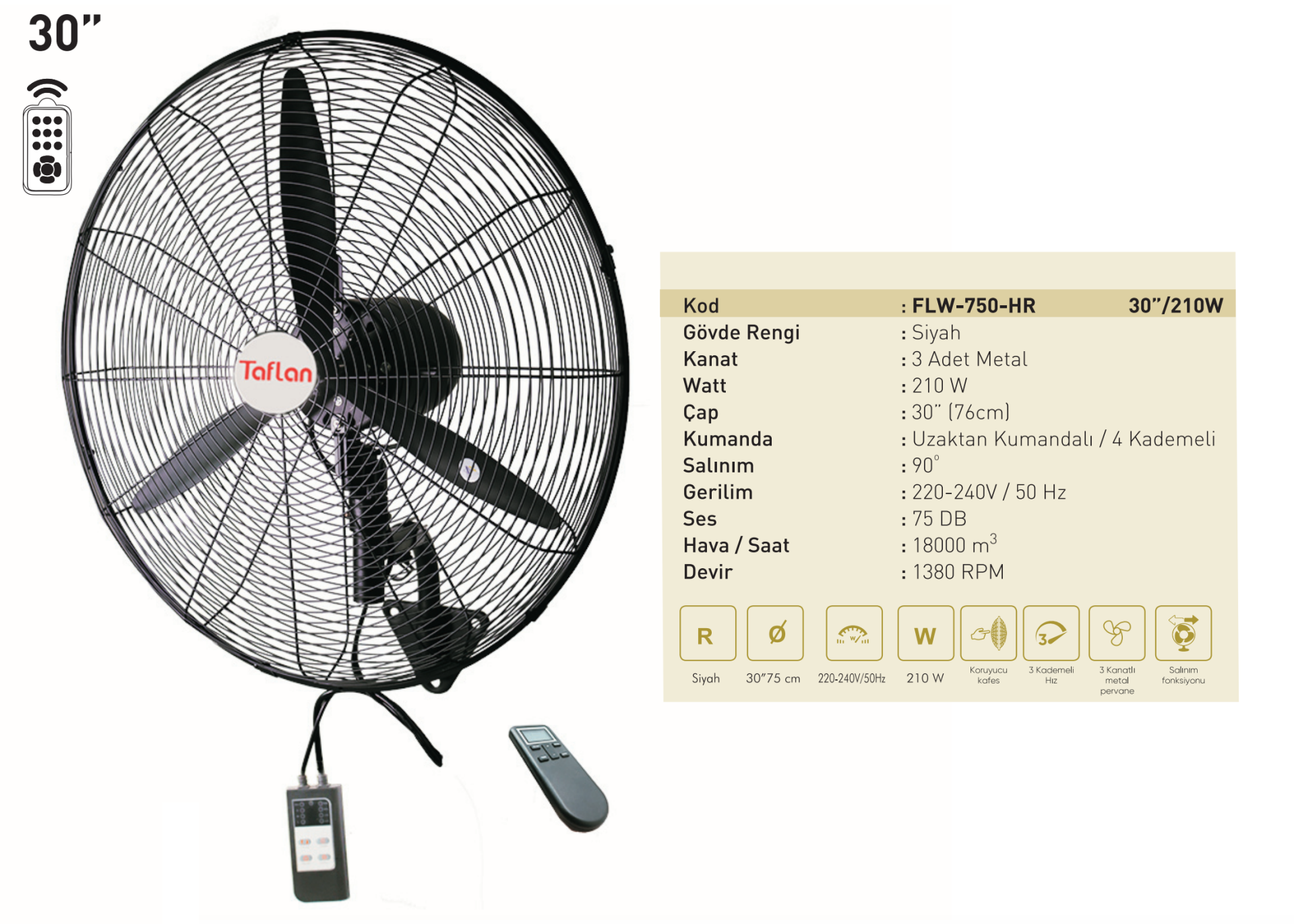 Kaşkar Taflan FLW-750-HR 210W Kumandalı 4 Kademeli Metal Gövde Sanayi Tipi Duvar Vantilatörü 76CM