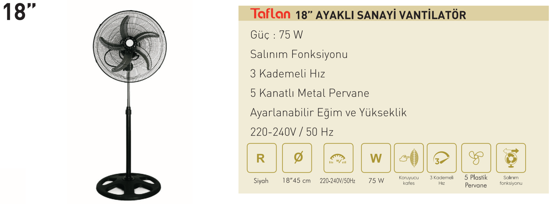 Kaşkar Taflan 75W 3 Kademeli 5 Pervaneli Siyah Gövde Sanayi Tipi Ayaklı Vantilatörü 45CM