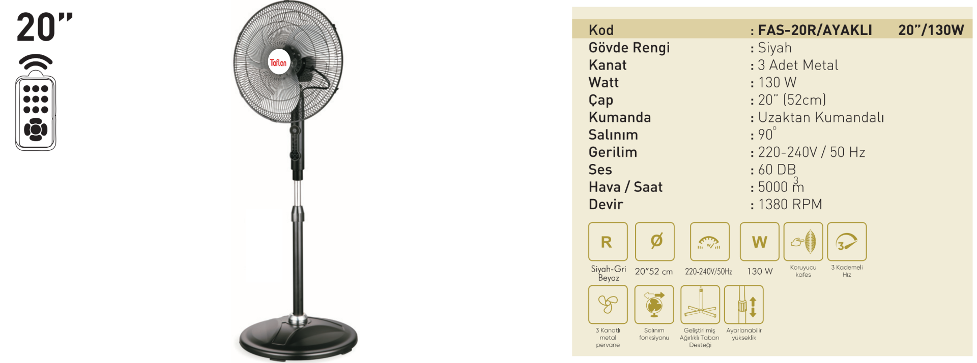 Kaşkar Taflan FAS-20R 130W 3 Kademeli Kumandalı Siyah Gövde Sanayi Tipi Ayaklı Vantilatörü 52CM
