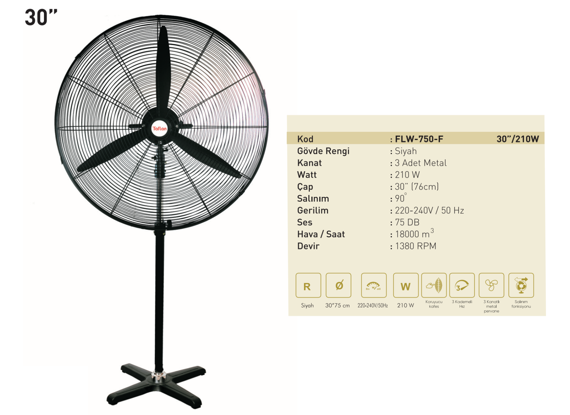 Kaşkar Taflan FLW-750-F 210W 3 Kademeli Siyah Gövde Sanayi Tipi Ayaklı Vantilatörü 76CM