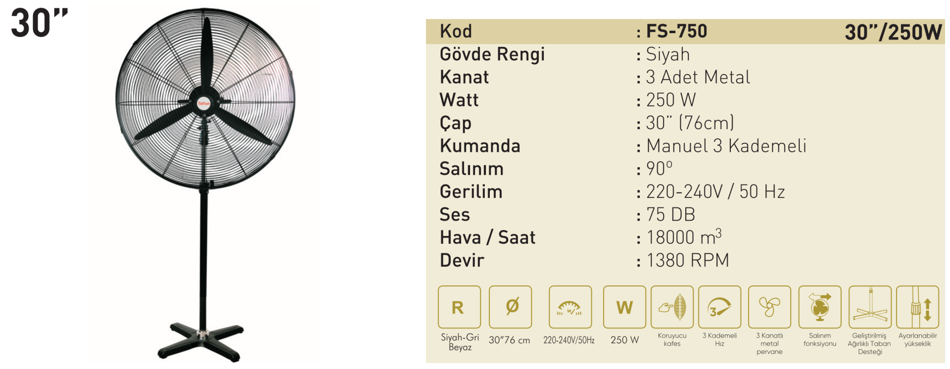 Kaşkar Taflan FS-750 250W 3 Kademeli Siyah Gövde Sanayi Tipi Ayaklı Vantilatörü 76CM