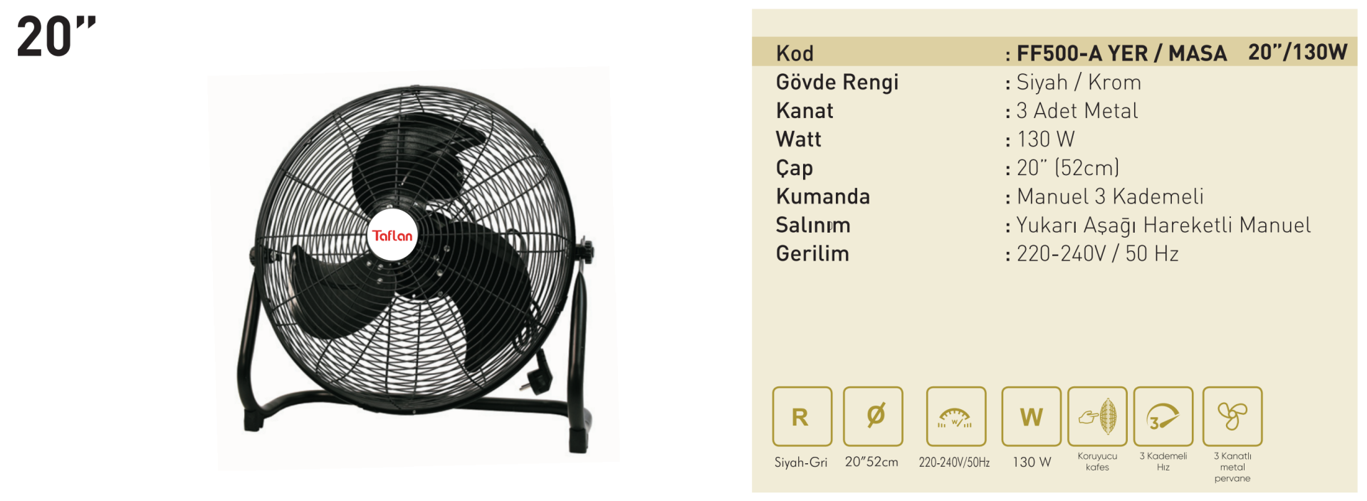 Kaşkar Taflan FF500-A 130W 3 Kademeli Siyah Gövde Sanayi Tipi Yer Masa Vantilatörü 52CM