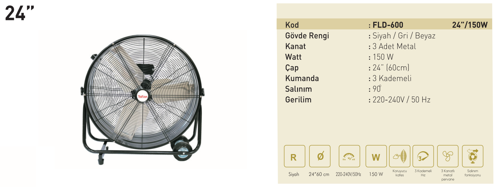 Kaşkar Taflan FLD-600 150W 3 Kademeli Siyah Gövde Sanayi Tipi Yer Masa Vantilatörü 60CM