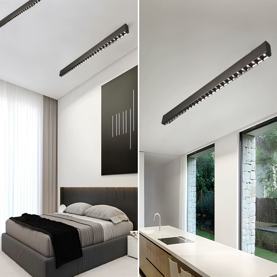 Tam Mercekli Led Linear Aydınlatma 119Cm Samsung Led Sıva Üstü Lineer Armatür 3x6 Cm Kasa 6500K (Beyaz Işık) - Siyah - Askılı