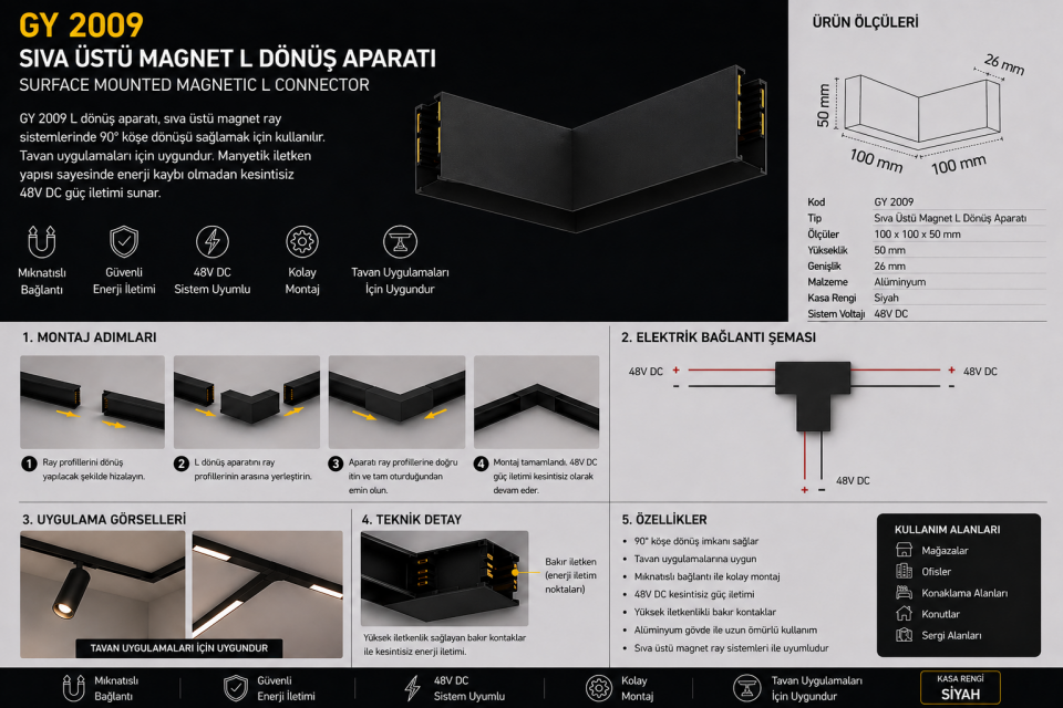 Goya Sıva Üstü Magnet Ray L Dönüş Aparatı Duvar Tipi GY 2010