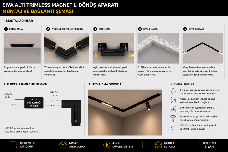 Goya Sıva Altı Trimless Magnet Ray L Dönüş Aparatı Duvar Tipi GY 2016