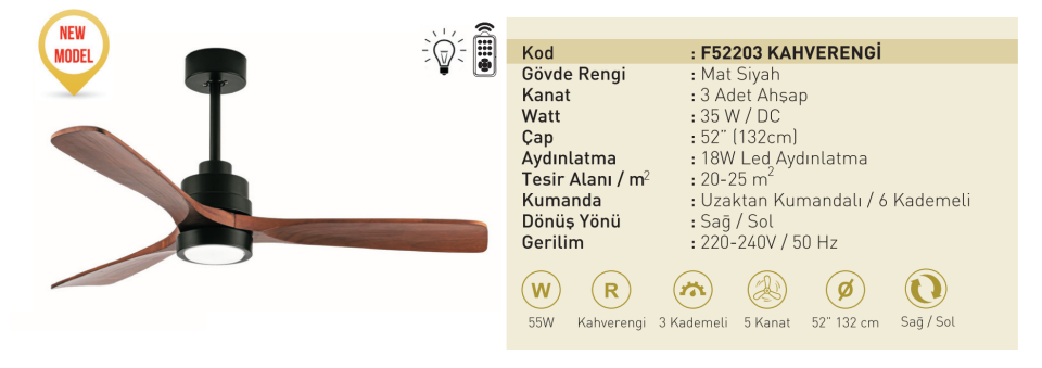 Kaşkar Taflan F52203 35W Işıklı Kahverengi Ahşap 3 Kanatlı Uzaktan Kumandalı Tavan Tipi Vantilatörü