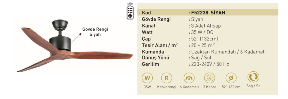 Kaşkar Taflan F52238 35W Siyah Gövde Ahşap 3 Kanatlı Uzaktan Kumandalı Tavan Tipi Vantilatörü