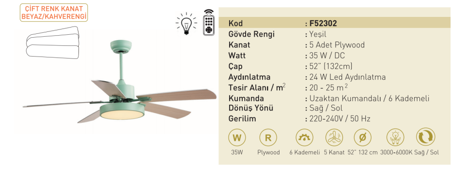Kaşkar Taflan F52204 35W Işıklı Yeşil Gövde Ahşap 5 Kanatlı Uzaktan Kumandalı Tavan Tipi Vantilatörü