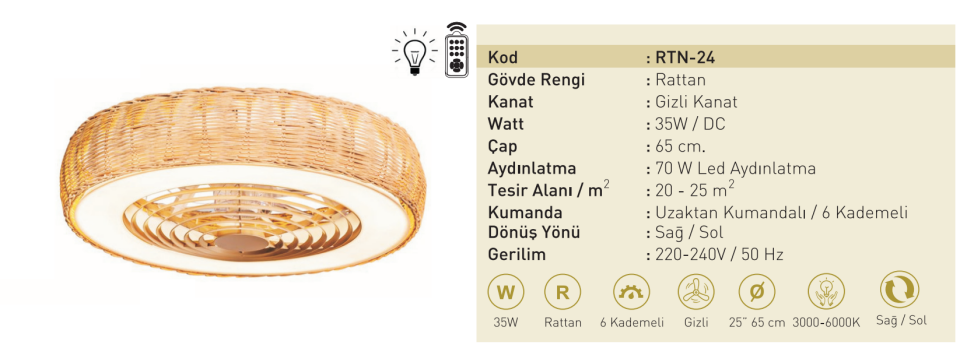 Taflan RTN-24 35W Işıklı Rattan Gövdeli Uzaktan Kumandalı Gizli Kanat Lambalı Tavan Vantilatörü