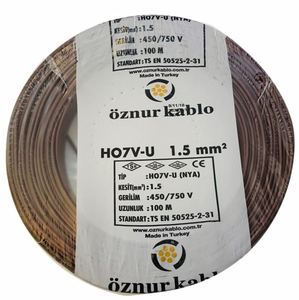 Öznur Kablo 1,5 mm Nya Tek Damarlı Bakır Elektrik Kablosu Kahverengi 100 Metre