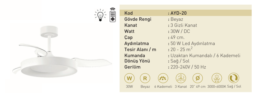 Taflan AYD-20 30W Işıklı Beyaz Gövdeli Uzaktan Kumandalı 3 Kanatlı Lambalı Tavan Vantilatörü