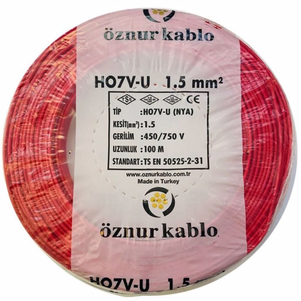 Öznur Kablo 1,5 mm Nya Tek Damarlı Bakır Elektrik Kablosu Kırmızı 100 Metre