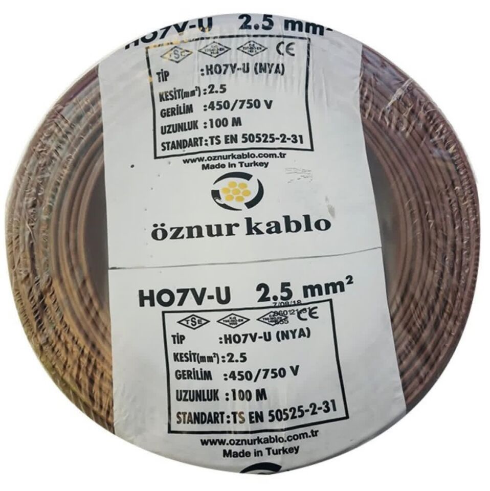 Öznur Kablo 2,5 mm Nya Tek Damarlı Bakır Elektrik Kablosu Kahverengi 100 Metre
