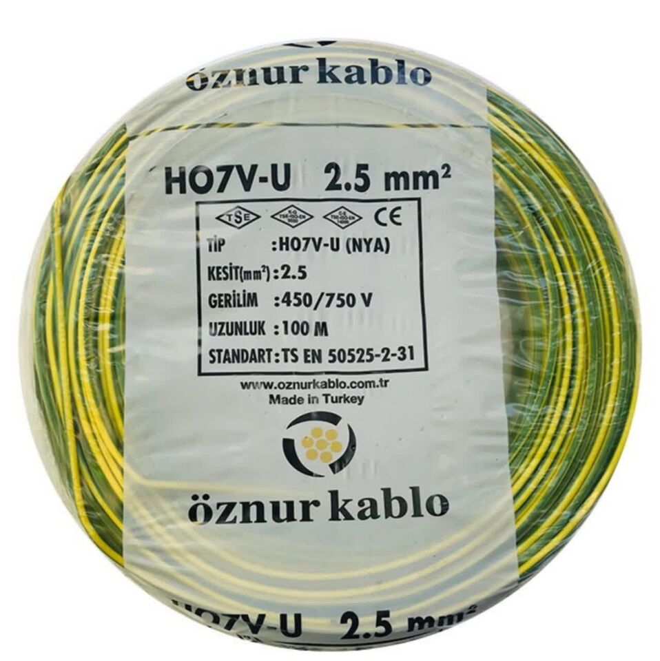 Öznur Kablo 2,5 mm Nya Tek Damarlı Bakır Elektrik Kablosu Sarı Yeşil 100 Metre