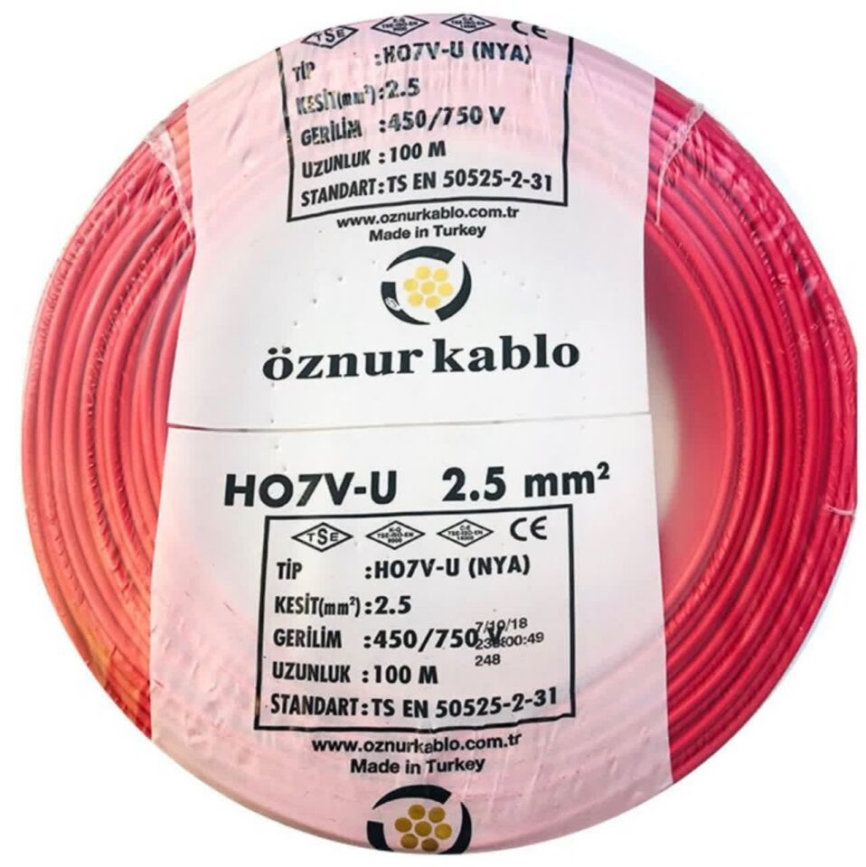 Öznur Kablo 2,5 mm Nya Tek Damarlı Bakır Elektrik Kablosu Kırmızı 100 Metre
