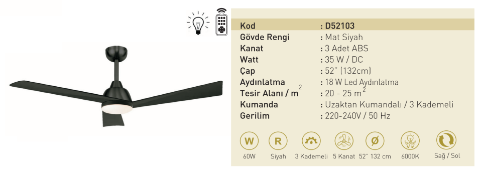Kaşkar Taflan D52103 35W Işıklı Mat Siyah Gövde Abs 3 Kanatlı Uzaktan Kumandalı Tavan Tipi Vantilatörü