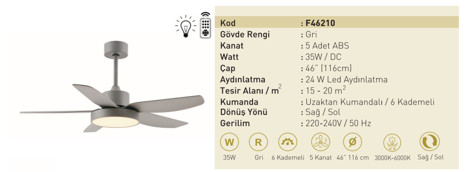 Kaşkar Taflan F46210 35W Işıklı Gri Gövde Abs 3 Kanatlı Uzaktan Kumandalı Tavan Tipi Vantilatörü