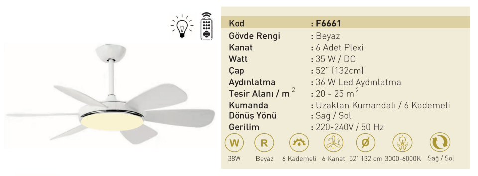 Kaşkar Taflan F6661 35W Işıklı Beyaz Gövde Plexi 6 Kanatlı Uzaktan Kumandalı Tavan Tipi Vantilatörü