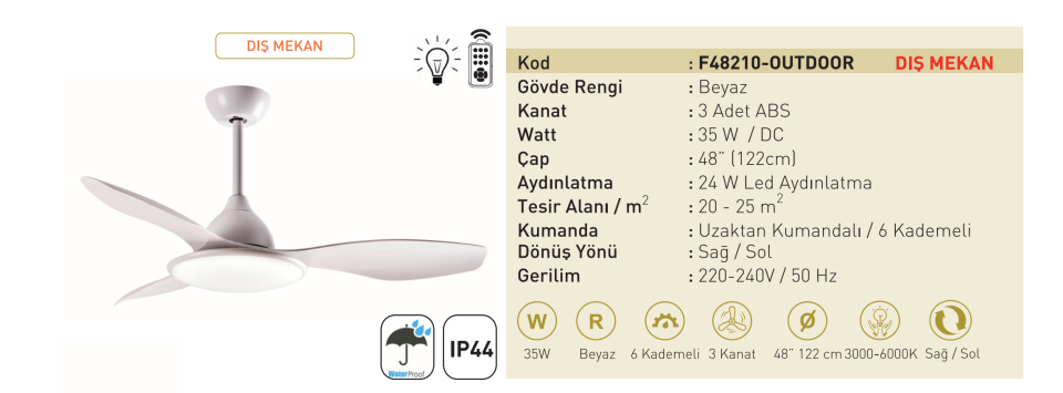 Kaşkar Taflan F48210 35W Işıklı Dış Mekan ABS 3 Kanatlı Uzaktan Kumandalı Tavan Tipi Vantilatörü