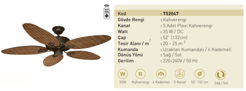 Kaşkar Taflan T52047 35W Kahverengi Gövde Plexi 5 Kanatlı Uzaktan Kumandalı Tavan Tipi Vantilatörü