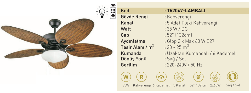 Kaşkar Taflan T52047 35W Lambalı Kahverengi Gövde Plexi 5 Kanatlı Uzaktan Kumandalı Tavan Tipi Vantilatörü