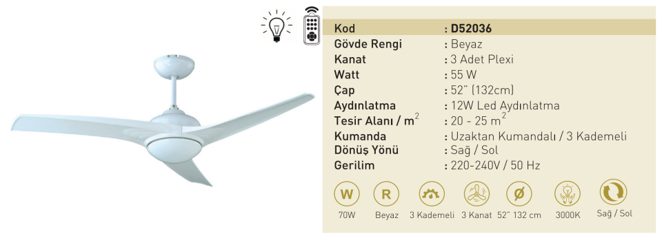 Kaşkar Taflan D52036 55W Işıklı Beyaz Gövde Plexi 3 Kanatlı Uzaktan Kumandalı Tavan Tipi Vantilatörü