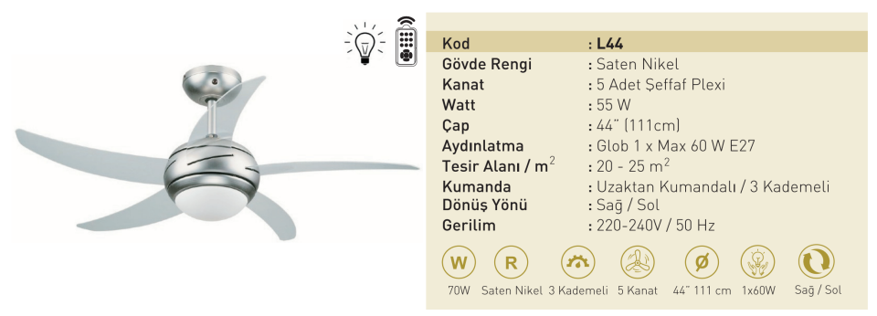 Kaşkar Taflan L44 55W Işıklı Saten Nikel Gövde Plexi 5 Kanatlı Uzaktan Kumandalı Tavan Tipi Vantilatörü