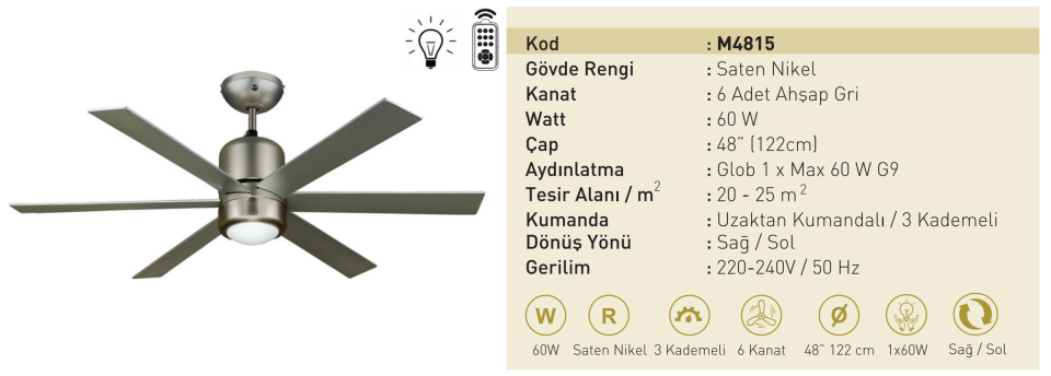 Kaşkar Taflan M4815 60W Işıklı Saten Nikel Gövde Ahşap 6 Kanatlı Uzaktan Kumandalı Tavan Tipi Vantilatörü