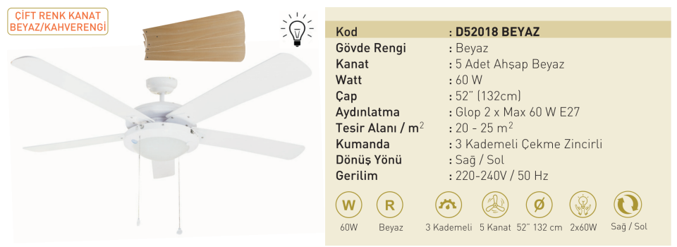 Kaşkar Taflan D52018 60W Metalik Beyaz Gövde Ahşap 5 Kanatlı Tavan Tipi Vantilatörü