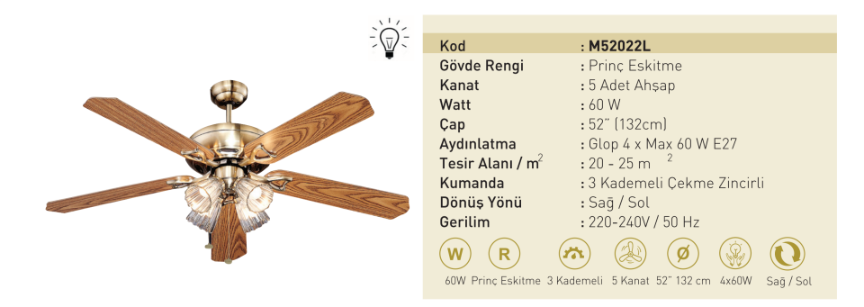 Kaşkar Taflan M52022L 60W Prinç Eskitme Gövde Ahşap 5 Kanatlı Tavan Tipi Vantilatörü