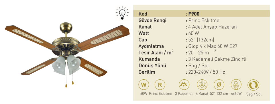 Kaşkar Taflan F900 60W Prinç Eskitme Gövde Ahşap 4 Kanatlı Tavan Tipi Vantilatörü