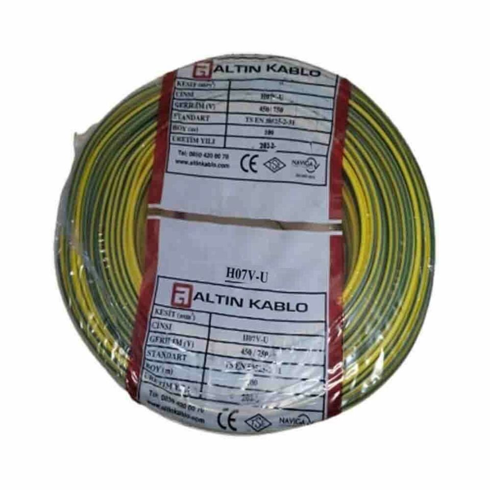 Altın Kablo 10 mm Nya Tek Damarlı Bakır Elektrik Kablosu Sarı Yeşil 100 Metre