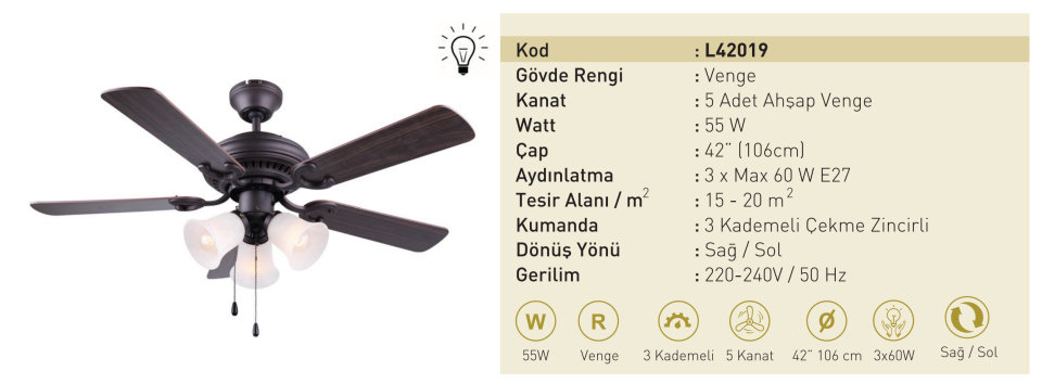 Kaşkar Taflan L42019 55W Işıklı Venge Gövde Ahşap 5 Kanatlı Tavan Tipi Vantilatörü