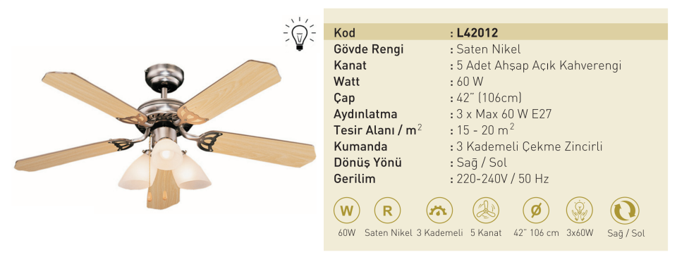 Kaşkar Taflan L42012 60W Işıklı Saten Nikel Gövde Ahşap 5 Kanatlı Tavan Tipi Vantilatörü