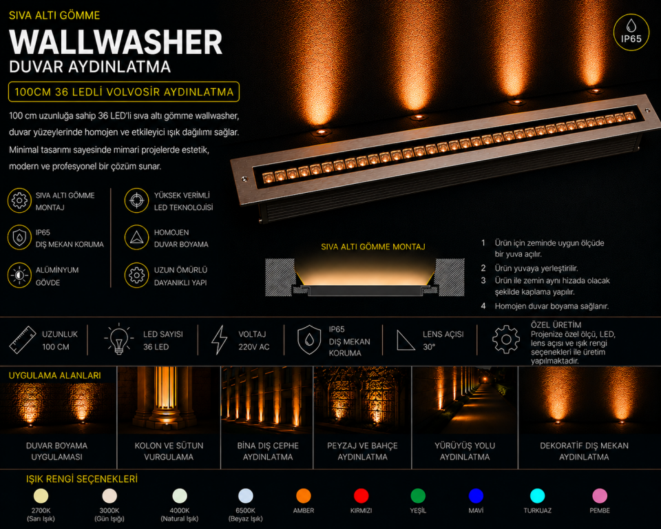 Sıva Altı Wallwasher Duvar Aydınlatma 100Cm 36 Ledli Volvoşır Aydınlatma 6500K (Beyaz Işık)
