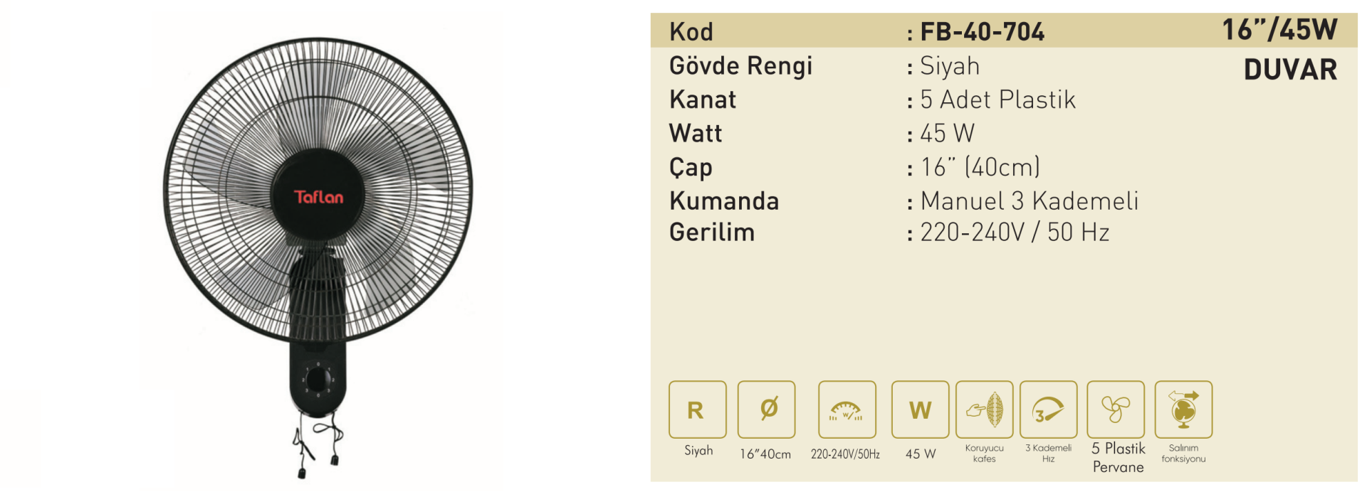 Kaşkar Taflan FB-40-704 45W 3 Kademeli Plastik Siyah Gövde Duvar Tipi Vantilatörü 40CM