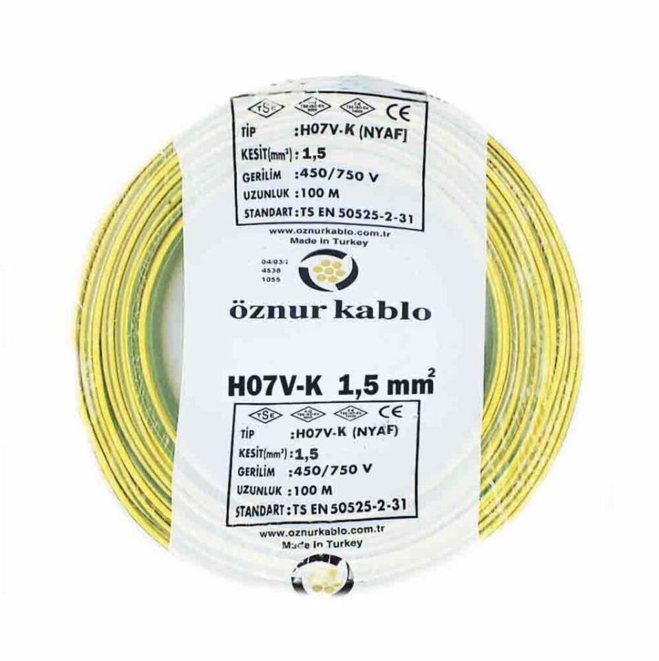 Öznur Kablo 1,5 mm Nyaf Çok Telli Bakır Elektrik Kablosu Sarı Yeşil 100 Metre