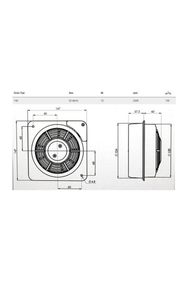Aircol 130 Kanal Tipi Monofaze Tuvalet Banyo ve Mutfak Aspiratörü 16W 130m3/h