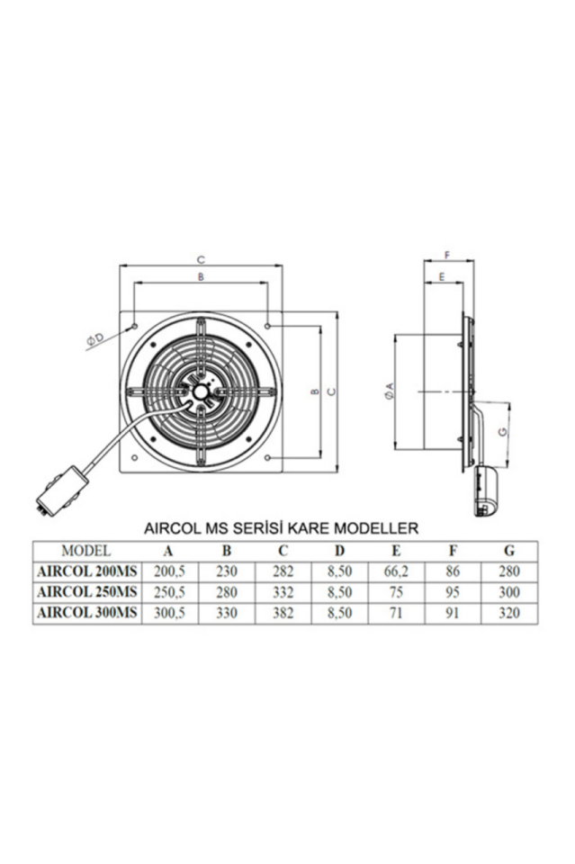Aircol 200 MS Kare Monofaze Sac Gövdeli Sanayi Tipi Aksiyal Fan 75W 900m3/h